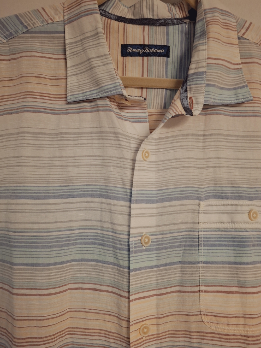 Tommy Bahama Pastel Stripe Short Sleeve Button-Up Shirt Blue, Cream, Pink 1XLB